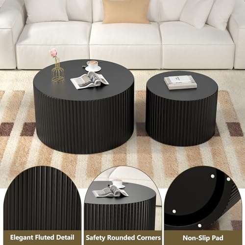 Round Nesting Coffee Table Set of 2, Black | Mid Century Modern Fluted End Table Set,Small Circle Wooden Side Table Drum Table for Living Room Bedroom Apartment - color: Black 27.5"