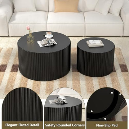 Round Nesting Coffee Table Set of 2, Black | Mid Century Modern Fluted End Table Set,Small Circle Wooden Side Table Drum Table for Living Room Bedroom Apartment - color: Black 27.5"