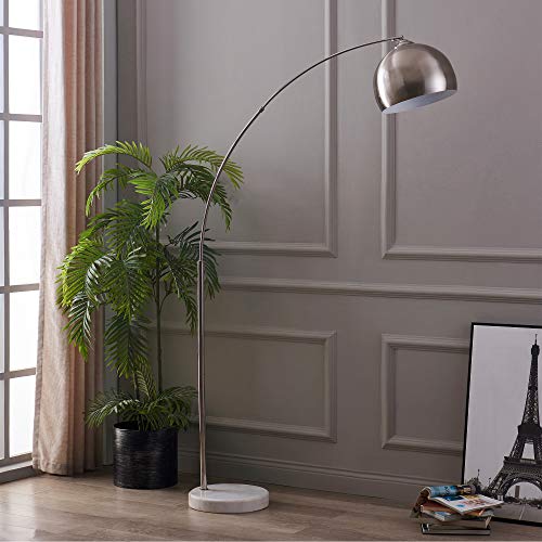 Teamson Home Arquer 68.1" Arc Floor Lamp for Living Rooms, Home Offices, Dining Rooms, Bedrooms with Faux White Marble Base and Nickel Bell Shade - color: Nickle Shade / White Marble Base