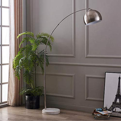 Teamson Home Arquer 68.1" Arc Floor Lamp for Living Rooms, Home Offices, Dining Rooms, Bedrooms with Faux White Marble Base and Nickel Bell Shade - color: Nickle Shade / White Marble Base