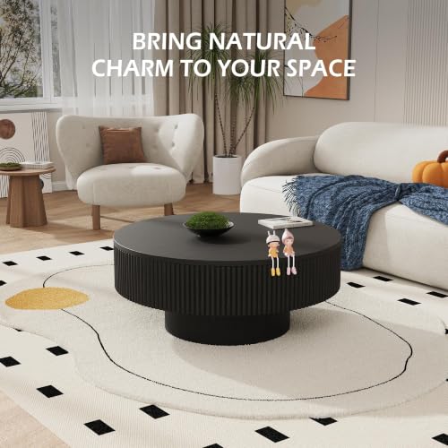 YOUDENOVA 31.5” Round Fluted Coffee Table, Modern Wood Circle Coffee Table, Veneer Handcrafted Relief Tea Table with Sturdy Pedestal for Living Room，Easy Assembly - Black - color: 31" All Black-round