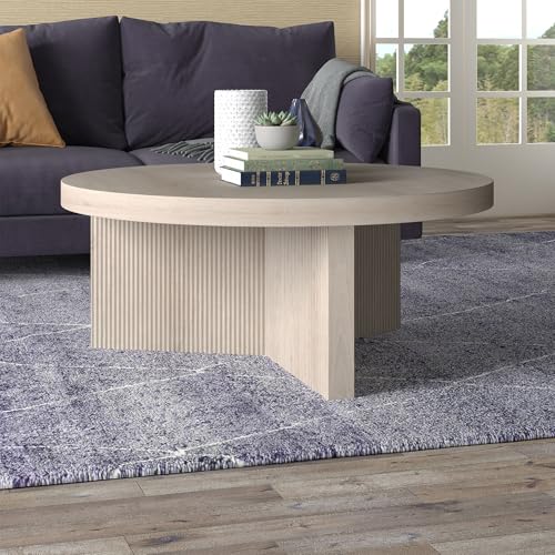 Henn&Hart 36" Scandinavian Fluted Coffee Table, Beech White | Ribbed pedestal base and low profile bring Scandinavian style to small spaces including living rooms or family rooms - color: Beech White, size: 36 inches