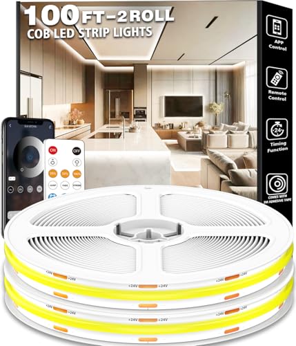NUERPO 100FT COB Led Strip Lights, Uniform 6500K COB Rope Light,Bright Daylight White Lights,High Density,App/Remote Control,Indoor 24V Cuttable Cabinet Lights for Bedroom,Bookshelf,Showcase,Kitchen