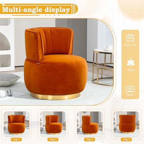 SLEERWAY 360° Swivel Barrel Chair, Modern Velvet Round Accent Chair, Comfy Upholstered Small Armchair with Gold Metal Base for Living Room Bedroom Nursery Office Sillas para Sala, Orange - color: Orange