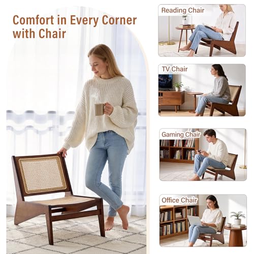 MBOOYOME Mid Century Modern Accent Chair, Compact Low-Profile Lounge Chair | Solid Wood Armchair with Woven Rattan Cane Seat and Back for Small Spaces, Bedroom, Reading Nook and Living Room, Walnut - color: Walnut