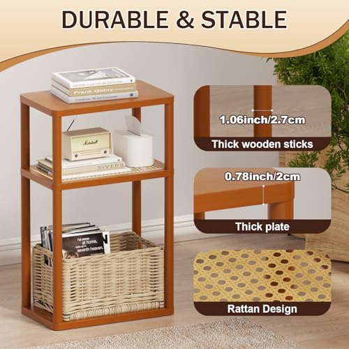 YGYQZ Rattan End Table, 3-Tier Narrow Side Table with Storage, Brown | Space-Saving Design, Slim Storage, Sturdy Construction, Modern Style, Ideal for Living Rooms & Bedrooms - color: Narrow-brown