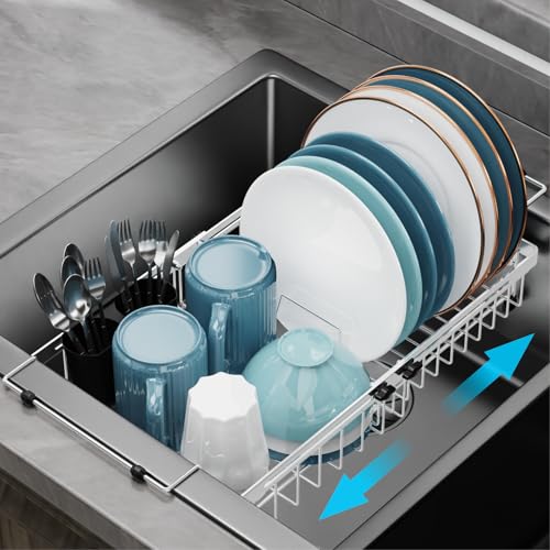 Over Sink Dish Drying Rack - Large Expandable Stainless Steel in Sink Dish Drainer with Square Corners, Rust Resistant with Lock Knob, Heavy Duty Fit for Modern Single & Double Sinks, Silver - color: Silver, size: 12.8"W | Fits Inner Sink 13.4"-22"L