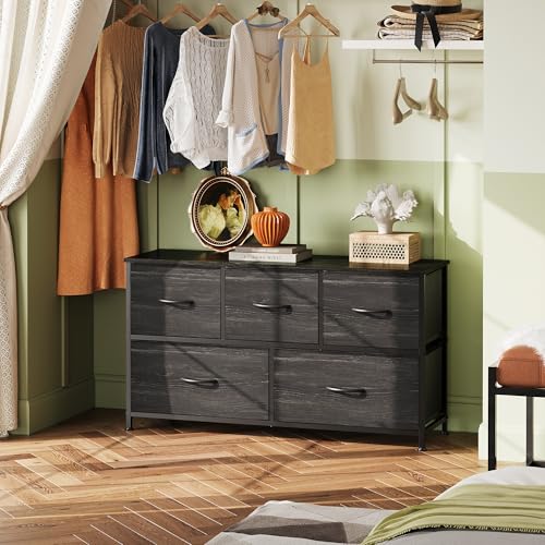 WLIVE Wide Dresser for Bedroom, 5 Drawer Chest of Drawers, Black Wood Grain | 5 roomy fabric drawers, Wide storage design, Bedroom or closet use, Sturdy steel frame, Smooth wood tabletop - color: Charcoal Black Wood Grain Print, size: 11.81"D x 39.37"W x