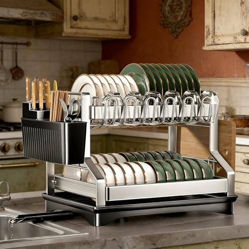Fandian Dish Drying Rack 2 Tier Dish Racks for Kitchen Counter and Sink, Large Dish Drying Rack with Drainboard & Utensil Holders Stainless Steel Dish Drainers Kitchen Organization and Storage - color: White Dish Racks