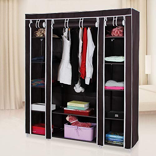 Portable Wardrobe Closet with Cover 69" Clothing Storage Closet Shelves for Hanging Clothes Non-Woven Fabric Clothes Organizer