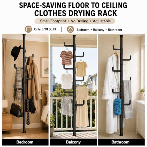 Floor to Ceiling Clothes Drying Rack, Adjustable Tension Pole Laundry Rack for Balcony. Vertical Coat Hanger Stand for Bathroom Bedroom, No Drilling Easy Install Space Saving (Black) - color: Black