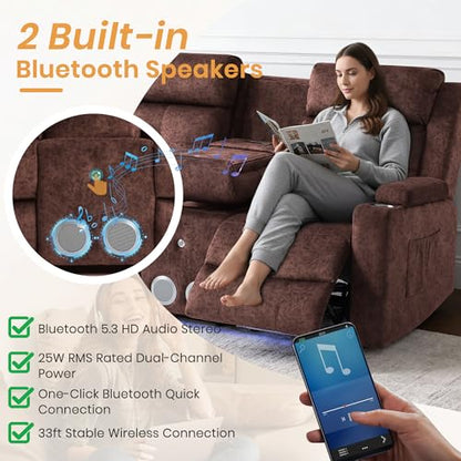 Power Reclining Loveseat with Flip Backrest, Power Loveseat Recliner Sofa with LED Lights, Bluetooth Speaker, 3-Seater Recliner Sofa with Arm/Seat Storage (Brown, Loveseat with Console) - color: Brown, size: Loveseat with Console