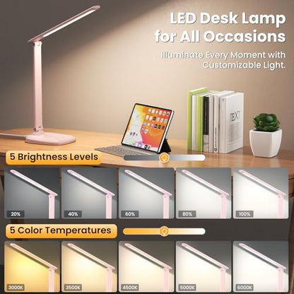Desk Lamp with Charger, 10%-100% Stepless Dimmable & 5 Color Modes Study Lamp, Touch Control, 30-/60-minute Timer, USB Charging Output Port, CRI≥90, Eye-Caring Foldable LED Desk Lamps for Home Office - color: Pink-US
