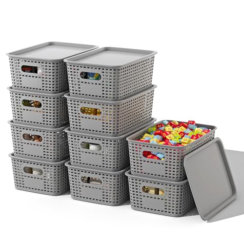 ORGIDOL Plastic Storage Basket with Lids 10 Pack Stackable Storage Bins Containers with Lid, Decorative Storage Boxes for Organizing Shelves, Drawers, Playroom, Classroom, Office, Closet, Grey - color: Grey, size: 10 Pack
