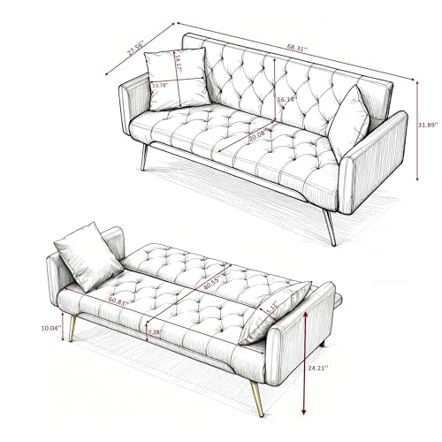 Anwick 72''Modern Velvet Sofa Bed Futon,Convertible Folding Sleeper Couches with 3 Adjustable Backrests,Tufted Recliner Loveseat with Golden Chrome Legs for Living Room Apartment Office (Brown) - color: Brown