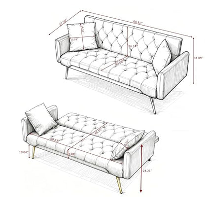 Anwick 72''Modern Velvet Sofa Bed Futon,Convertible Folding Sleeper Couches with 3 Adjustable Backrests,Tufted Recliner Loveseat with Golden Chrome Legs for Living Room Apartment Office (Brown) - color: Brown