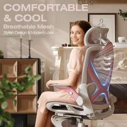 X100 Ergonomic Mesh Office Chair with Footrest, Big and Tall Home Desk Chair with 5D Flip-Up Arms, Adjustable 3D Lumbar Support, Gaming & Executive Computer Chair (Peach Blossom) - color: Peach Blossom