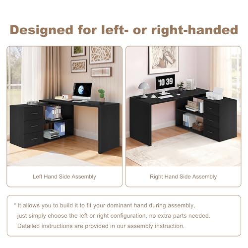 HSH 55-76 Inch Black Farmhouse L Shaped Desk with Drawers 360 Rotating | Office Desk Conner Coumputer Desk With storage Long For Work,Executive,Study,Writing,Teacher,Bedroom,Modern Gaming Table - color: Black