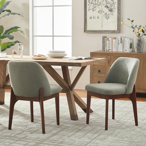 VKNOW Upholstered Wooden Dining Chairs Set of 2 with Modern Fabric, Green | Modern Dining Room Chairs with Wood Legs, Kitchen Chairs for Restaurant, Living Room, No Wobble - color: Green-brown Leg, size: 2 PCS