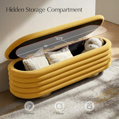 HULALA HOME Velvet Storage Bench, Large Upholstered Ottoman Bench with Button Tufted Design for Living Room, Bedroom, Entryway, Mustard - color: Mustard