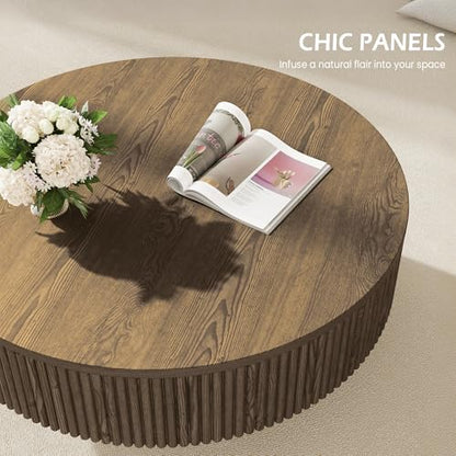 YOUDENOVA 31.5” Round Fluted Coffee Table, Modern Wood Circle Coffee Table, Veneer Handcrafted Relief Tea Table with Sturdy Pedestal for Living Room - Brown - color: 31" Brown-round