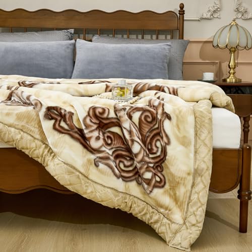 LGYKUMEG Korean Mink Throws Blanket 71" × 87" Silky Soft and Warm, 2 Ply Thick Winter Fleece Reversible Raschel Blanket,Beige and Brown,6.6Lb (180×220cm3kg) - color: Beige and Brown, size: 71x87in/6.6lb