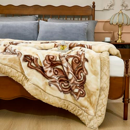 LGYKUMEG Korean Mink Throws Blanket 71" × 87" Silky Soft and Warm, 2 Ply Thick Winter Fleece Reversible Raschel Blanket,Beige and Brown,6.6Lb (180×220cm3kg) - color: Beige and Brown, size: 71x87in/6.6lb