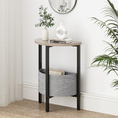 Small Round Side Table End Table, Tall Accent Table with Storage Basket, Set of 2 Half Round Tables Half Moon Tables, Coffee Bedside Tables, Modern Nightstand for Living Room Bedroom, Gray - color: Greige