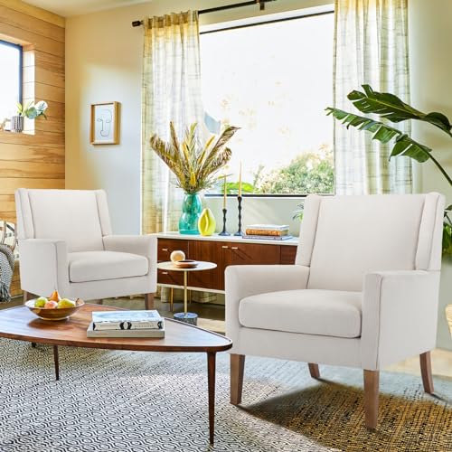 COLAMY Modern Wingback Living Room Chair, Upholstered Fabric Accent Armchair, Single Sofa Chair with Lounge Seat and Wood Legs for Office/Bedroom/Reading Spaces, Beige - color: Beige, size: Set of 1