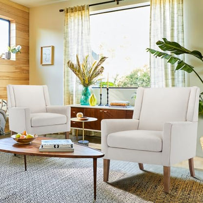 COLAMY Modern Wingback Living Room Chair, Upholstered Fabric Accent Armchair, Single Sofa Chair with Lounge Seat and Wood Legs for Office/Bedroom/Reading Spaces, Beige - color: Beige, size: Set of 1
