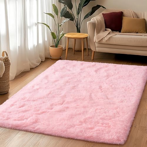 Awaytail 3x5 Fluffy Pink Area Rug - Soft Cute Shag Fuzzy Rugs for Bedroom | Anti-Skid Living Room Rug Home Decor, Shaggy Carpets for Girls and Boys Room Dorm Aesthetic - color: Pink, size: 3' x 5' (Rectangular)