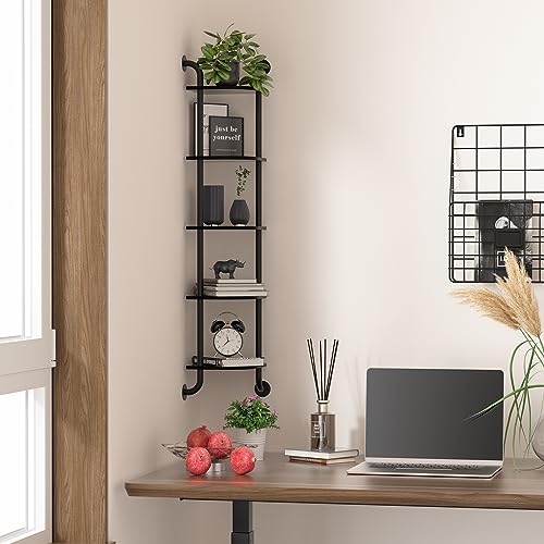 5 Tier Corner Shelf Wall Mount Rustic Industrial Floating Shelves - color: Black