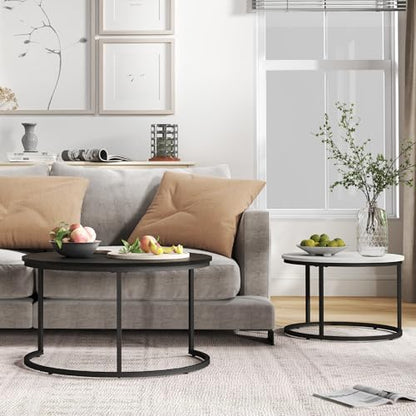 Otterease Nesting Tables Set of 2, Small Round Coffee Table for Living Room | Nesting Coffee Table with Adjustable Non-Slip Feet, Wood Grain Top Nesting Table for Bedroom (Wood Grain Black & White) - color: 31.5" Wood Grain Black&white