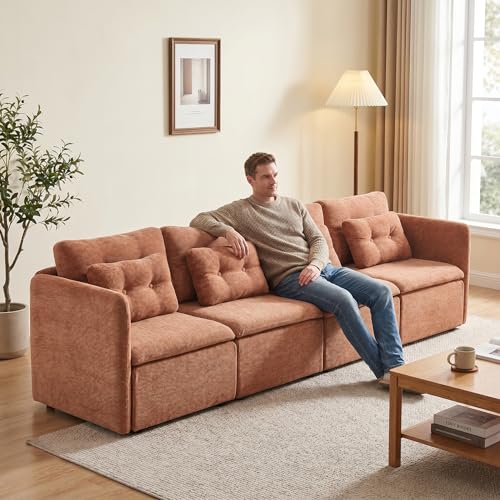 HNY 110" Modern Sectional Sofa, Brown | 4-Seat Button Tufted Modular Couch, Chenille Fabric With Pillow & Ottoman, Comfortable Deep Seat for Living Room, Apartment - color: Brown, size: 4 Seater