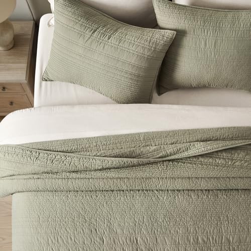 EVERGRACEHOME 100% Cotton Modern Lines Quilt Set Queen Size, Light Sage | Pre-Washed Soft Cotton, Striped Coverlet Bedspread, 3 Piece Lightweight Bedding Set for All Season, with 2 Pillow Shams - color: Light Sage, size: Full/Queen (92" X 92")