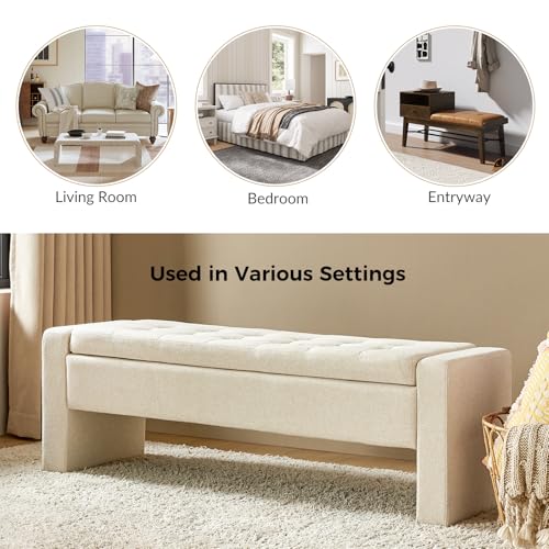 55" Modern Upholstered Storage Bench with Tufted Seat, Fabric Ottoman Bench for Bedroom, Entryway, or Living Room, Soft Close Hinge,Linen - color: Linen
