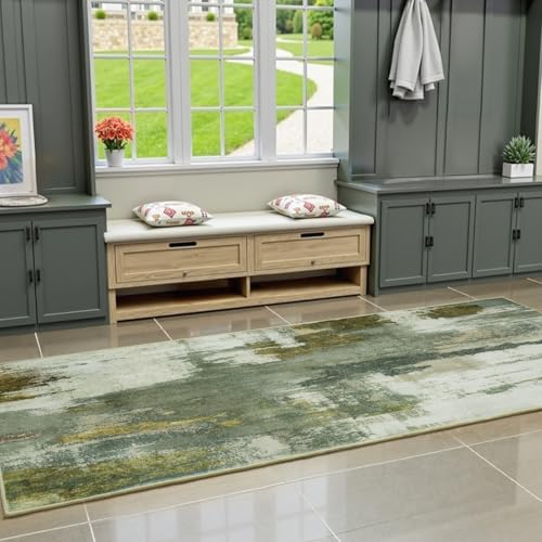 Kelarea Washable Runner Rug 2x6, Non-Slip Low Pile Abstract Green | Water & Stain Resistant, Pet Friendly, Easy Clean, Ultra Soft, for Entrance, Kitchen, Bedroom, Hallways - color: Green, size: 2' x 6' (Rectangular)
