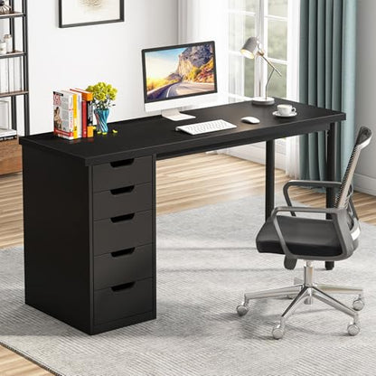 Tribesigns Computer Desk with 5 Drawers, 47 inches Rustic Brown Home Office Desk with Storage, Modern Simple Laptop Desk Study Writing Table for Small Spaces (1, Black) - color: Black