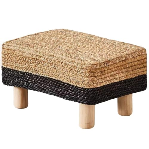 Wimarsbon Natural Seagrass Footstool Ottoman Rectangular Footrest Pouf Ottomans with Wooden Legs Hand Weave Step Stool for Living Room Bedroom Entryway Black - color: Black, size: 12"D x 16.5"W x 9.5"H