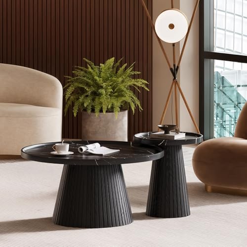 win2win Nesting Coffee Table Set of 2 with Marble Veneer, Black | Modern Round Tea Table and End Table Set, Minimalist Wood Center Tables for Living Room, Office, Fluted Design