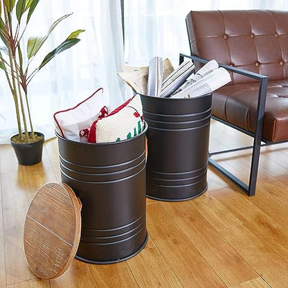 Glitzhome Rustic End Table Set of 2, Farmhouse Galvanized Metal Barrel Ottoman Storage Stool with Round Wood Lid for Living Room Furniture, Black - color: Black