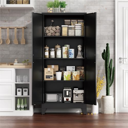 Farmhouse Pantry Cabinet with Barn Doors,61" H x 27.5" W,Metal Cabinet with Adjustable Shelves,4-Tier Storage Cabinet for Kitchen Dining Room Garage Office,Black 1 Pack - color: Black, size: 13.8"D x 27.5"W x 61"H