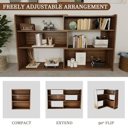 Expandable Bookshelf with Solid Wood Core, 3-Tier Ladder Bookcase, Extendable Corner Shelf for Small Space in Living Room, Study, Bedroom, Walnut