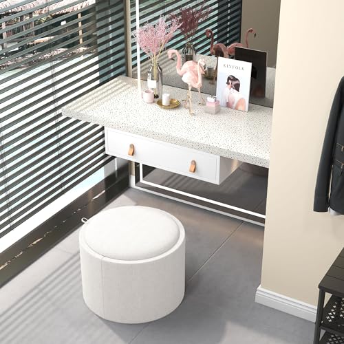 HOMCOM Round Storage Ottoman with Flip Top Tray, Footstool, Cream White | Upholstered Fabric, Small Coffee Table, Hidden Compartment, Accent Vanity Stool, Living Room