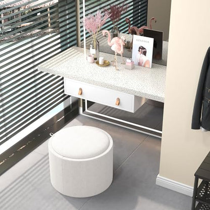 HOMCOM Round Storage Ottoman with Flip Top Tray, Footstool, Cream White | Upholstered Fabric, Small Coffee Table, Hidden Compartment, Accent Vanity Stool, Living Room