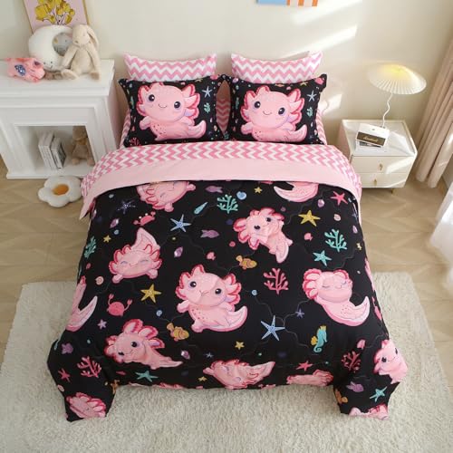 7 Piece Girls Axolotl Comforter Set for Kids Full Size Kawaii Axolotl Bedding for Teen 3D Animals Colorful Bed Set Black - color: Black Axolotl, size: Full