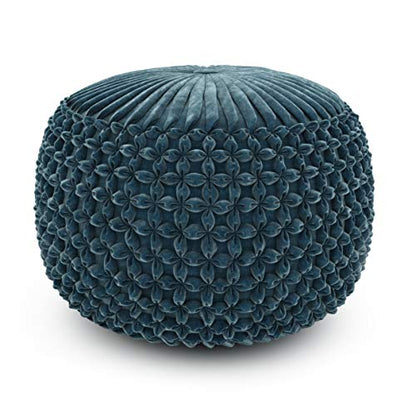 SIMPLIHOME Renee 20" Wide Round Pouf in Teal Velvet | Boho footstool, extra seating for home living room or bedroom with button-tufted pleated design, assembled; pouf ottoman. - color: Teal, style: Pouf
