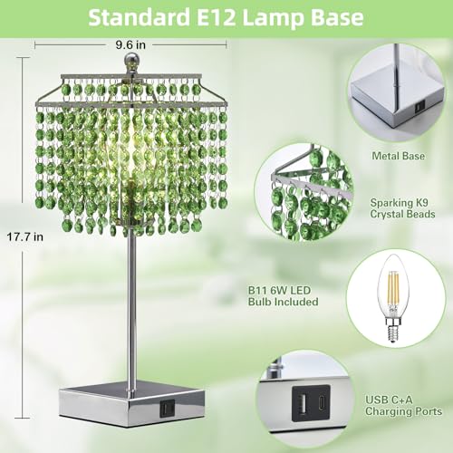 Luvkczc Crystal Table Lamp with Touch Control, Bedside Crystal Table Lamp with USB C+A Ports,Dimmable Lamp for Girls Bedroom, Living Room, Green & B11 LED Bulb Included - color: Green