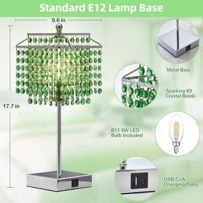 Luvkczc Crystal Table Lamp with Touch Control, Bedside Crystal Table Lamp with USB C+A Ports,Dimmable Lamp for Girls Bedroom, Living Room, Green & B11 LED Bulb Included - color: Green