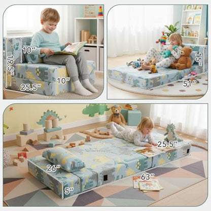 Kids Floor Sofa, Child Fold Up Sofa Couch Convertible Futon Folding Chair with Storage Bag for Kids, Green Dinosaur - color: Green Dinosaur